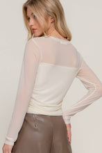 Peach Long Sleeve Crew Neck Side Ruched Detail Mesh Top