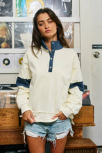 Cream Washed Blue Color-Block Snap-Neck Sweatshirt