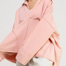 V-NECK POLO OVERSIZED PULLOVER SWEATSHIRT TOP-FZ0015-D2: HEATHER GREY / S