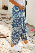 Sky blue Dainty Floral Print Seam Detail Drawstring Barrel Jeans