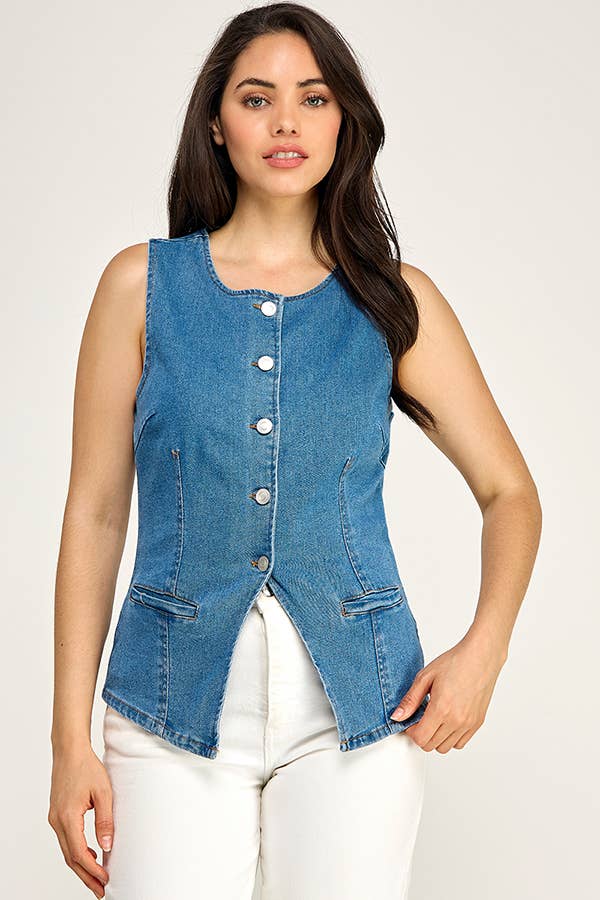 Medium Wash Chic Stretch Denim Sleeveless Vest Top
