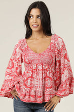 V Neck Smocked Bust Wide Sleeve Top