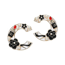 White Pearl Lipstick Flower Embellished Letter C Statement Earrings