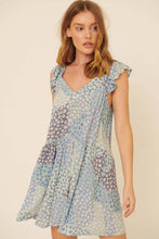 Faded Denim Floral Patch-Print V Neck Ruffle Mini Sundress