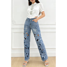 Blue Embroidered Cutout Straight Leg Jeans