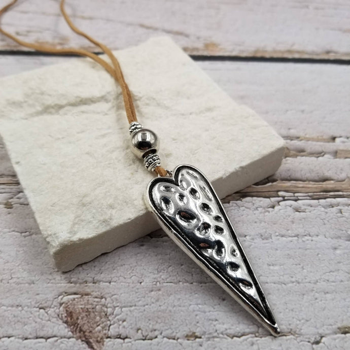 Vintage Big Silver Heart Leather Necklace