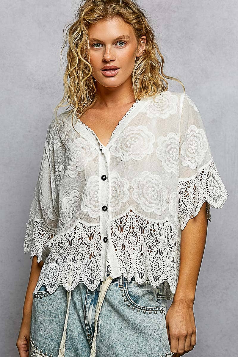 Off White Crochet Trim Neckline Short Sleeve Jacket POL Top
