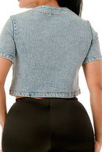 Blue Pearl & Floral Studded Cropped Denim Jacket