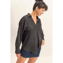 Black Collared V-Neck Satin Blouse