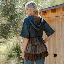 Vintage Front-Open Hooded Denim Shirt with Playful Mixed Ruffles