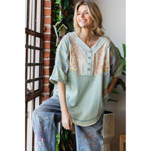 Sage Washed Printed Half Placket Henley Neck Oli+Hali Shirt