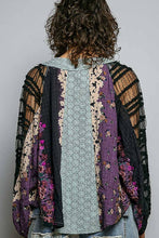 Black Long Sleeve V neck Lace Contrast Printed Woven POL Top
