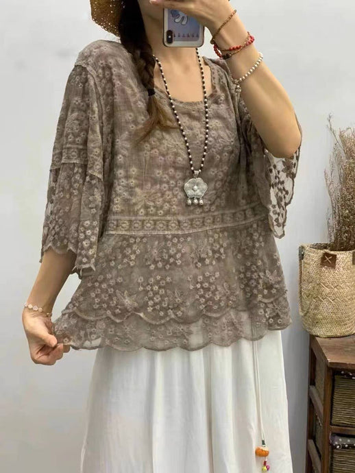 Coffee Vintage Embroidered Lace Cotton Blouse