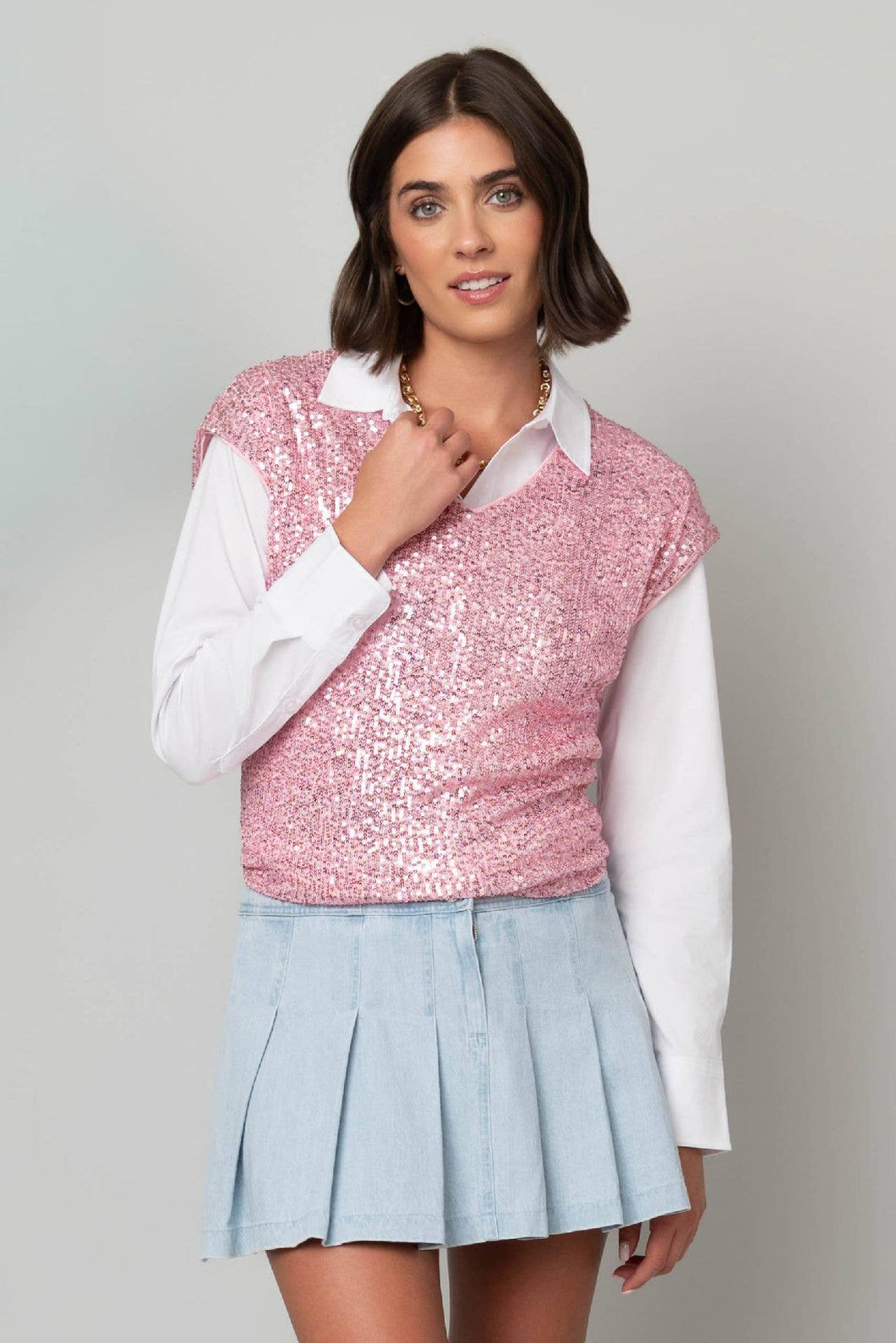 Pink V-Neck Shimmer Tee