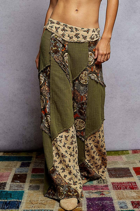 Olive Double gauze varied printed patchwork woven POL pants