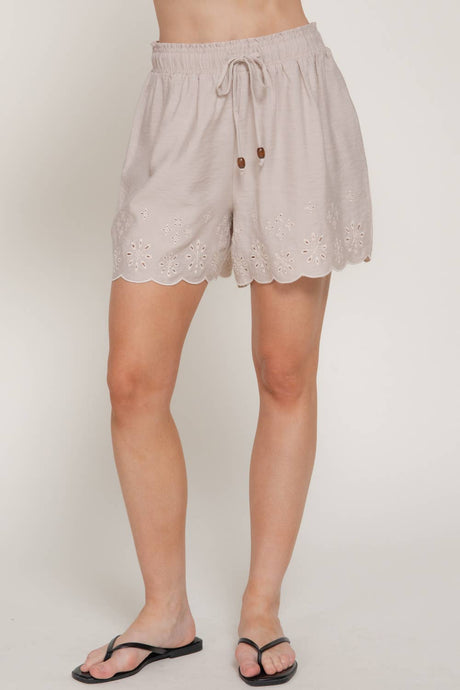Latte Beige Waistband with String Eyelet Hem Woven Shorts