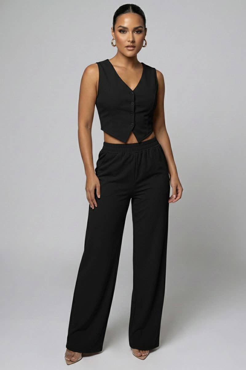 Button Vest with Adjustable Back Tie & Wide Leg Pants Sets: Black / S