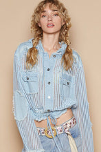Baby Blue Multi Open knit button down pocket front hooded shirt POL top