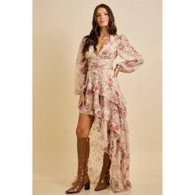 Beige Combo Spring Floral Chiffon Tiered High-Low Maxi Dress