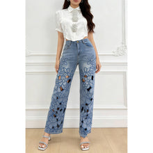 Blue Embroidered Cutout Straight Leg Jeans