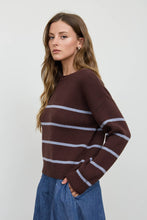 Chocolate Brown Stripe Raw Crew Neck Long Sleeve Sweater