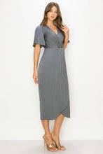 Silver Elegant Wrap Midi Dress with Flutter Sleeves