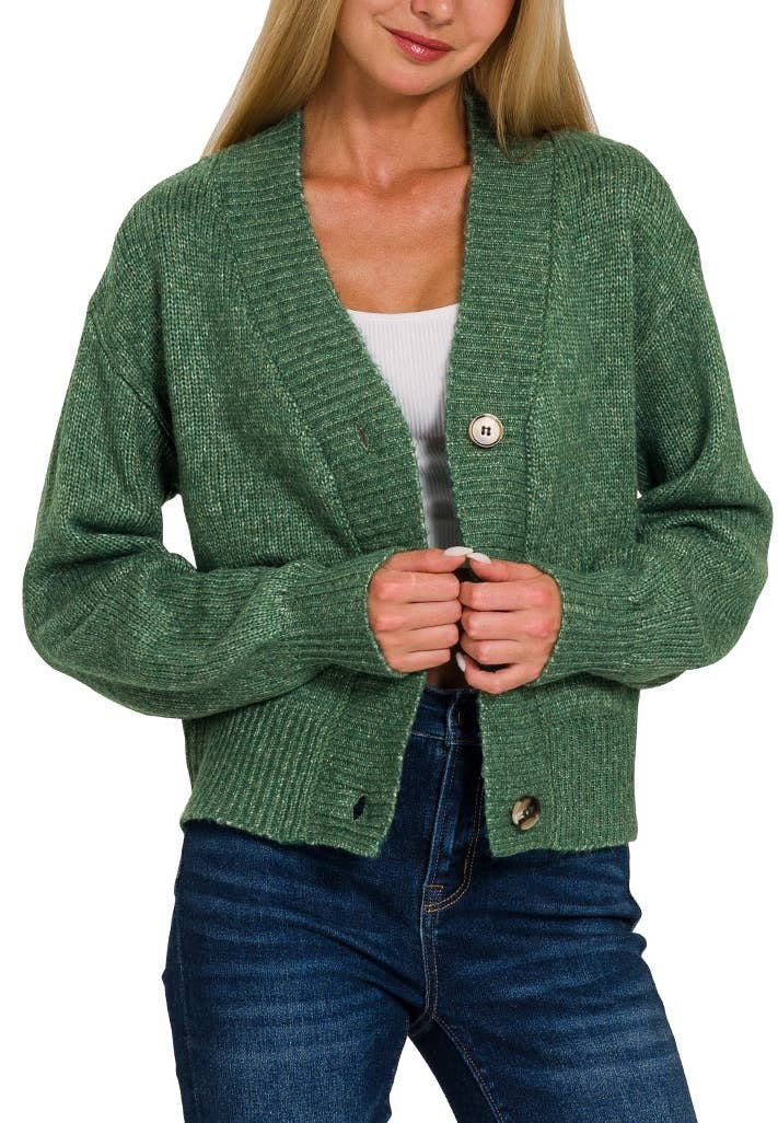 Heather Dark Green Melange Button Front Zenana Cardigan 9/21/26 1459