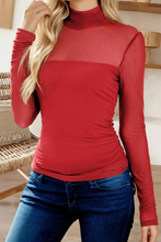 Fiery Red Sheer Mesh Patchwork High Neck Long Sleeve Top
