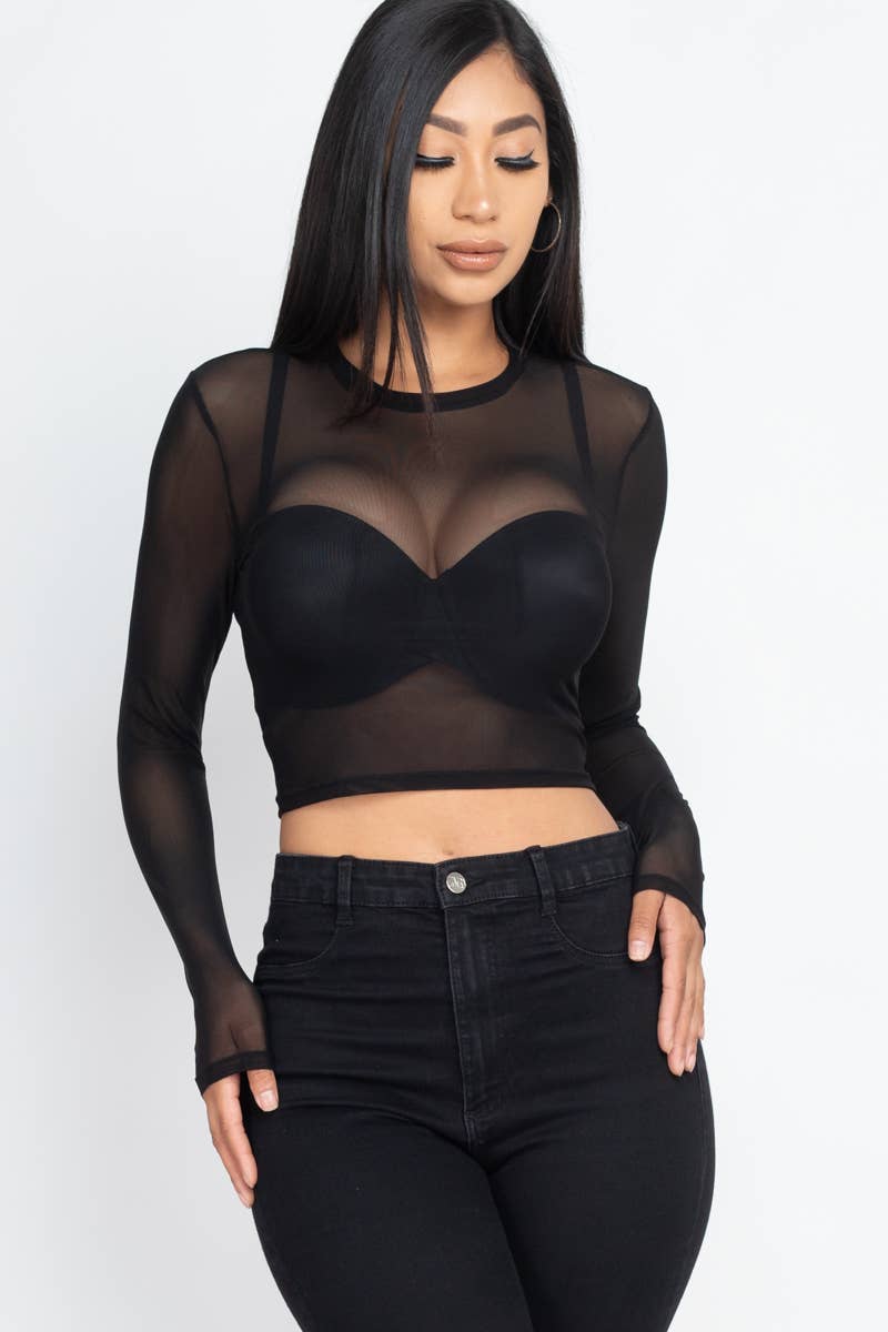 Black Solid Mesh Sheer Crop Top