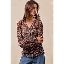 Leopard Button Up V Neck Mesh Top