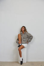 Blue Brown Relaxed Sherpa Striped Half Zip Pullover