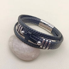 Stone Cross Charm 3 Layer Leather Men's Bracelet