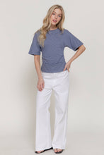Dusty Blue White Short Dolman Sleeve Defined Silhouette Stripe Knit Top