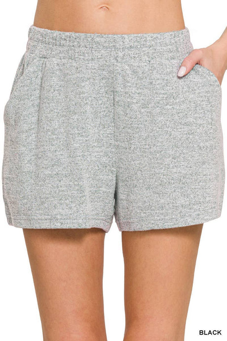Black Soft Melange Hacci Elastic Waist Band Short Pants