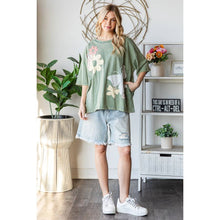 Green Washed Flower Butterfly Patchwork Short Sleeve Oli+Hali Top