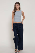 Blue White Sleeveless Crew Neck Strip Texture Knit Top