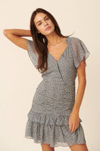 Faded Denim Floral Surplice Butterfly Tiered Ruched Mini Dress