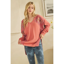 Rustic Red Washed Fabric Floral Embroidery Ruched Sleeve Oli+Hali Top