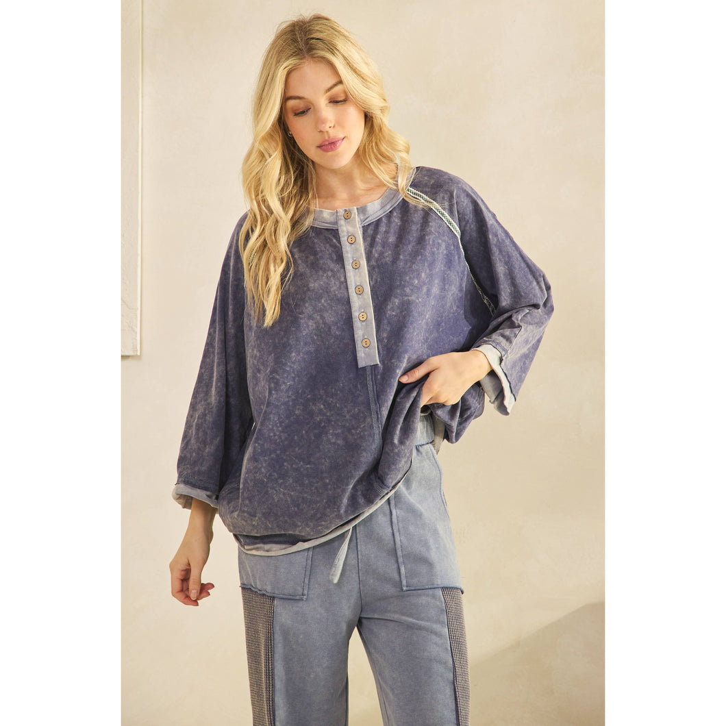 Navy Mineral Wash Henley Sage + Fig Pullover