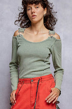 Vintage Washing Solid Buckle Open Shoulder Knit Thermal Top: PALE OLIVE
