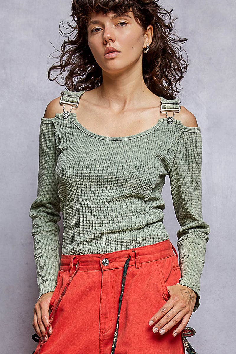 Vintage Washing Solid Buckle Open Shoulder Knit Thermal Top: PALE OLIVE