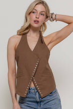 Cocoa Studded Cotton Twill Halter Neck Top