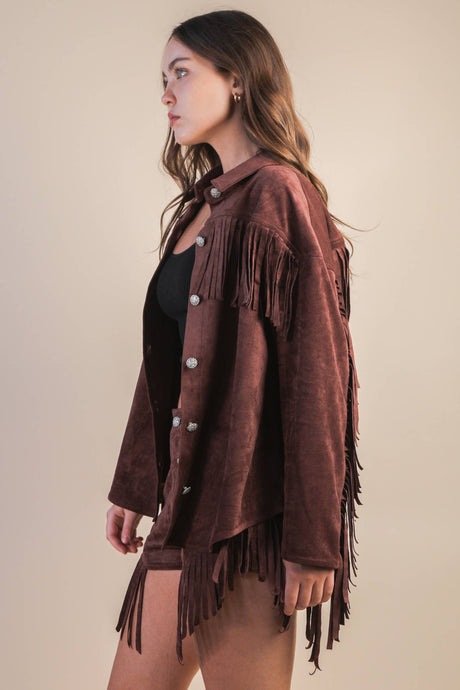 Choco Suede Fring Detail Western Jacket Shacket
