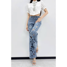 Blue Embroidered Cutout Straight Leg Jeans
