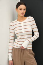 Heather Grey Classic Ribbed Striped Henley Long Sleeve Top