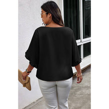 Black Solid Plus V Neck Ruffle Trim Petal Sleeve Blouse