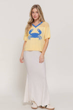 Yellow Blue Short Sleeve V-Neck Jacquard Top with Contrasting Neck Band