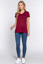 Burgundy Short Sleeve V-neck Top with Pocket