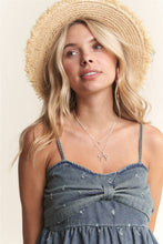 Denim Bow Accent Distressed Washed Top