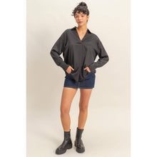 Black Collared V-Neck Satin Blouse